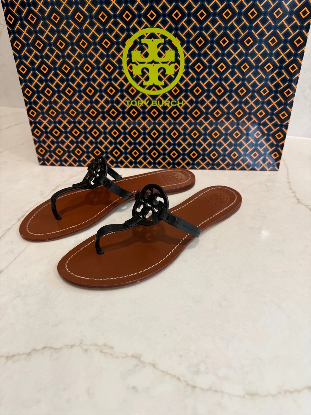 Tory Burch Black Logo Thong Sandals with Brown Footbed